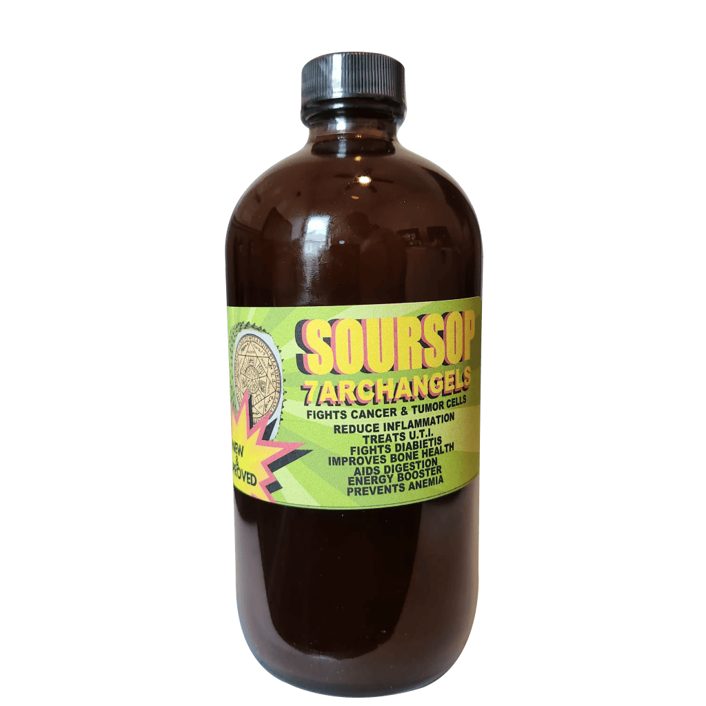 A dark cylindrical glass bottle with a green label which says in large yellow lettering "Soursop". On the left is a picture of a soursop plant with a starburst containing the phrase "New & Improved"